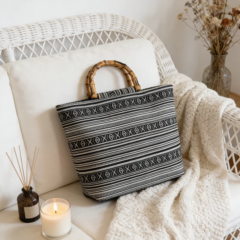 Vintage Striped Women's Tote Bag, Ethnic-Style Woven Faux Bamboo Handle Handbag, Bohemian Striped Women's Bag
