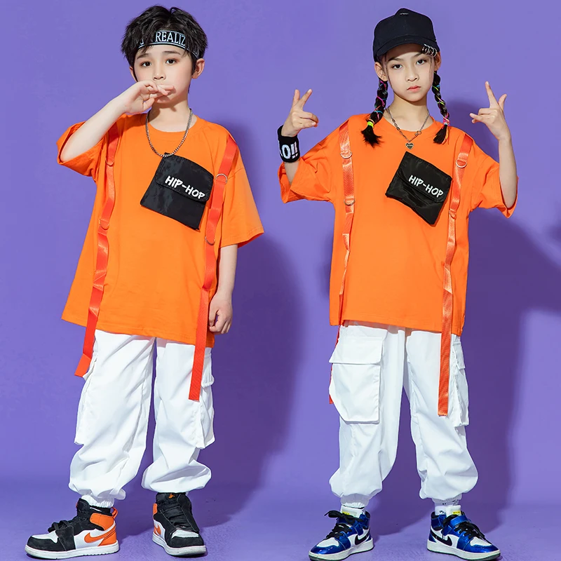 Children Ballroom Hip Hop Clothing Kid Orange T Shirt Top Streetwear Cargo Jogger Pants For Girl Jazz Dance Costume Clothes