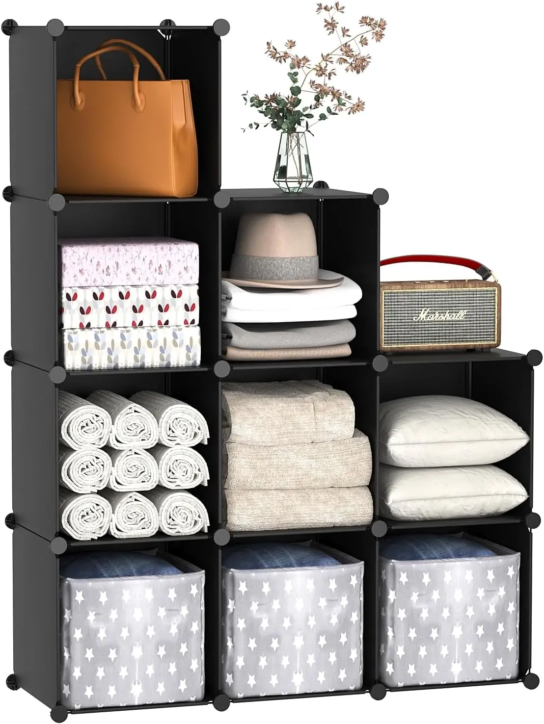 

9-Cube Storage Shelf, Plastic Modular Organizer for Home Office Kids Room, DIY Stackable Bookcase Black