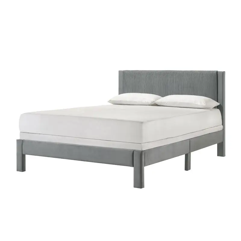 Contemporary Plush Upholstered Headboard with Ribbed Texture, Low-profile Frame and Unobtrusive Legs, Queen Size Platform Bed
