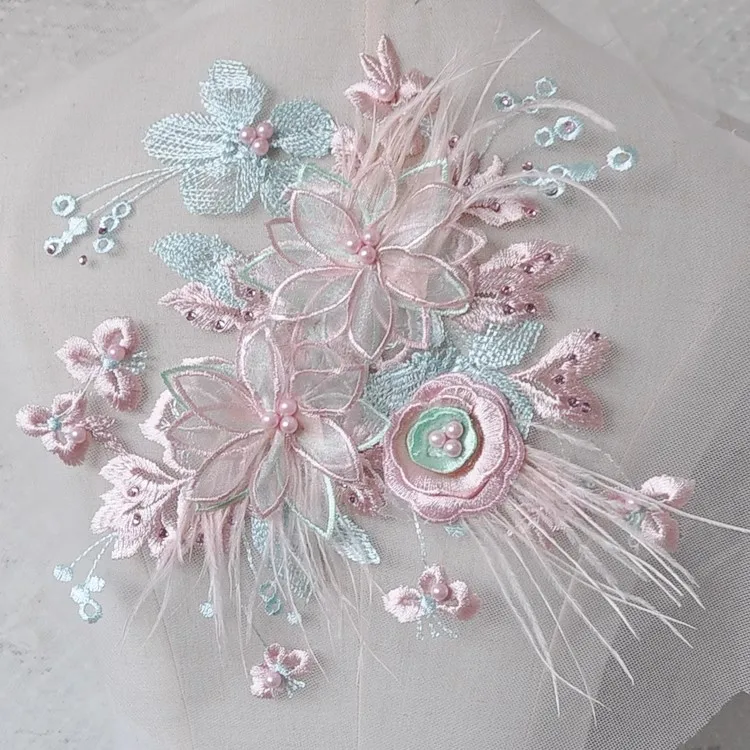 

1piar 3D nail flower veil dress Hanfu cheongsam parches ropa planchar Blue pink dual color feather nail bead flower patch