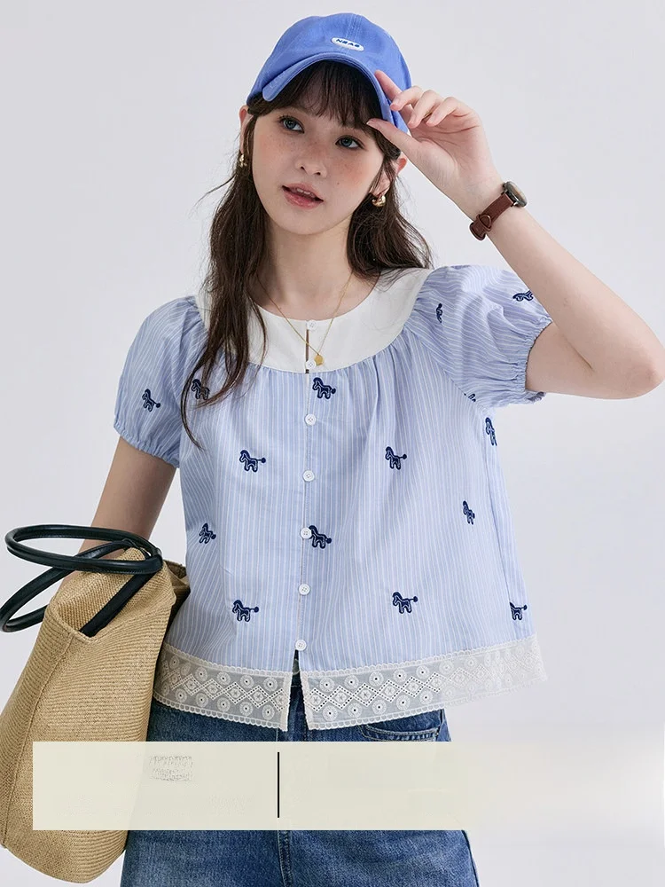 

AMUU Original Pure Cotton Lace Patchwork Short Shirt Women's Summer New Style Korean Style Commute Bubble Sleeve Breathable