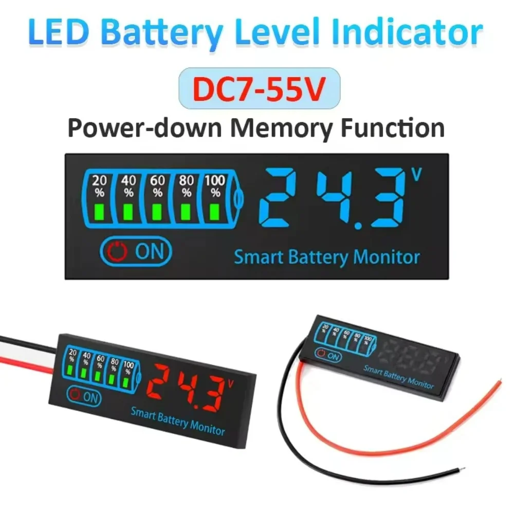 DC 7-55V LED Voltage and Battery Capacity Display Board Low Voltage Alarm Power Failure Memory Function Battery Charge Indicator image 2