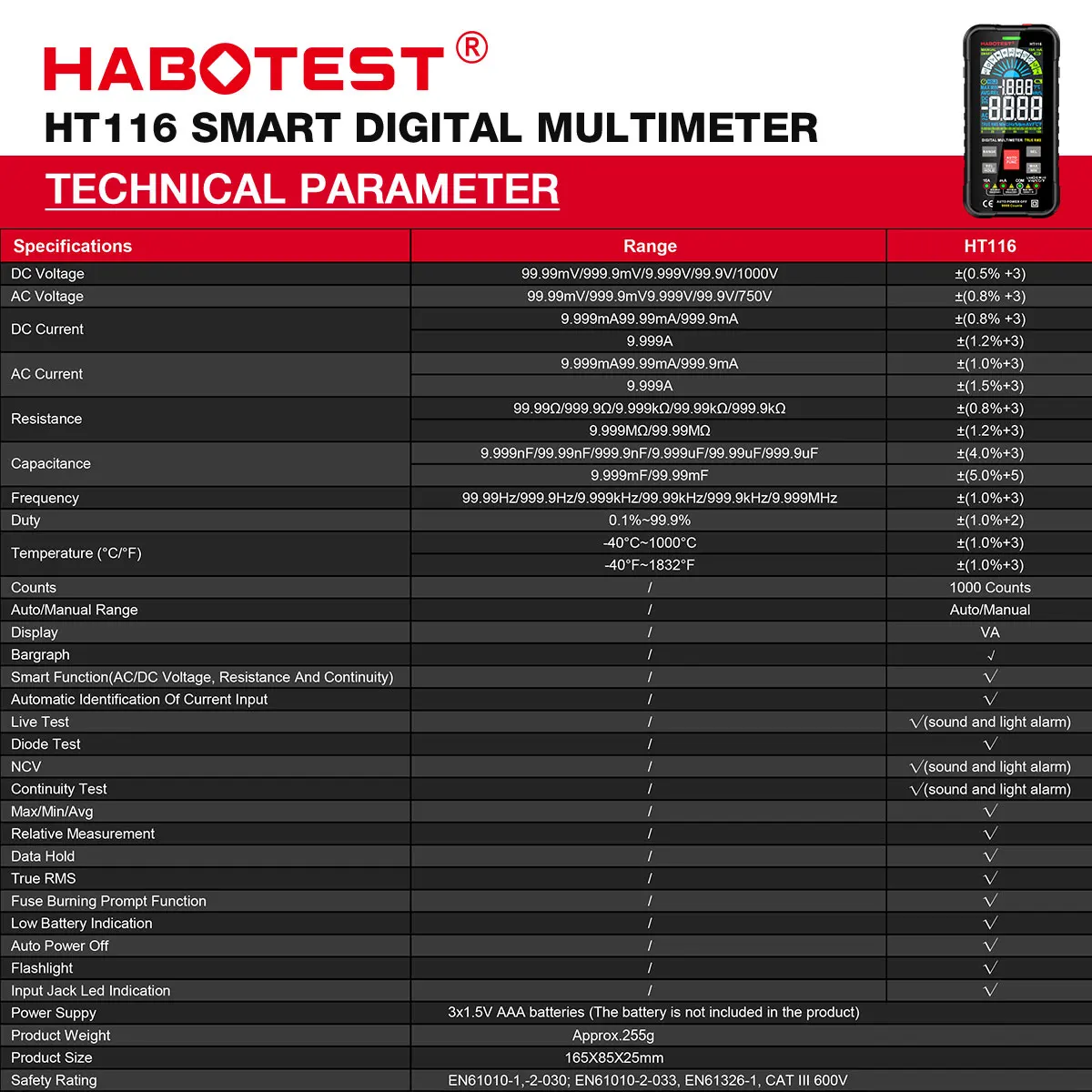 HABOTEST HT116 multimetr cyfrowy 9999 zliczeń automatyczny zakres 1000 V 10A miernik testowy Ohm Hz pojemność True RMS inteligentny Multitester