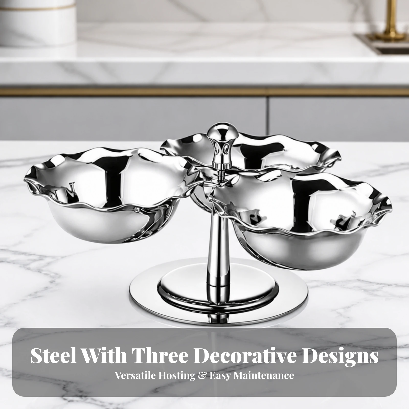 Stainless Steel Rotating Dessert Stand Polished Rotating Serving Stand with Bowl Compartments Round Smooth Edge