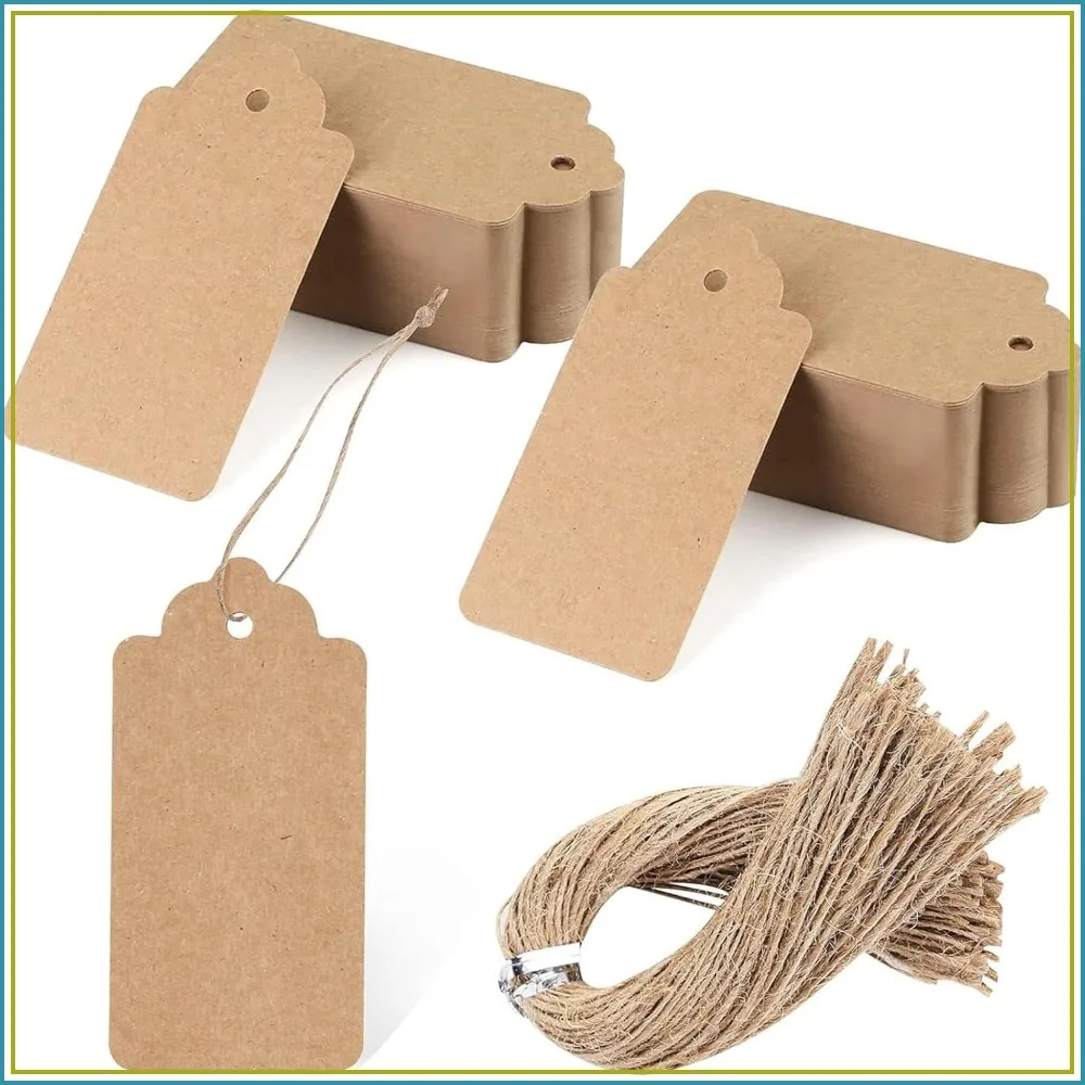 100 Pack Large Kraft Gift Tags with Jute String, 2x4 inch Scalloped Edge, Pre-Punched for Easy Use, Retail Tags & DIY Bookmarks