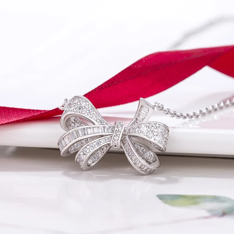

925 high-end Mozambique women's simple necklace versatile temperament gift bow collarbone chain for girlfriend