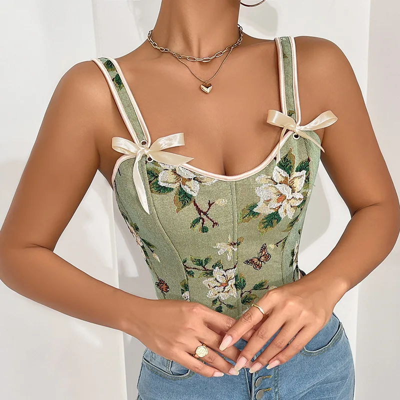 Women Vintage Floral Camisole Flower Embroidery Pattern Tight Vest Drawstring Tie-up Tank Top Suspender Bustier Corset Tops