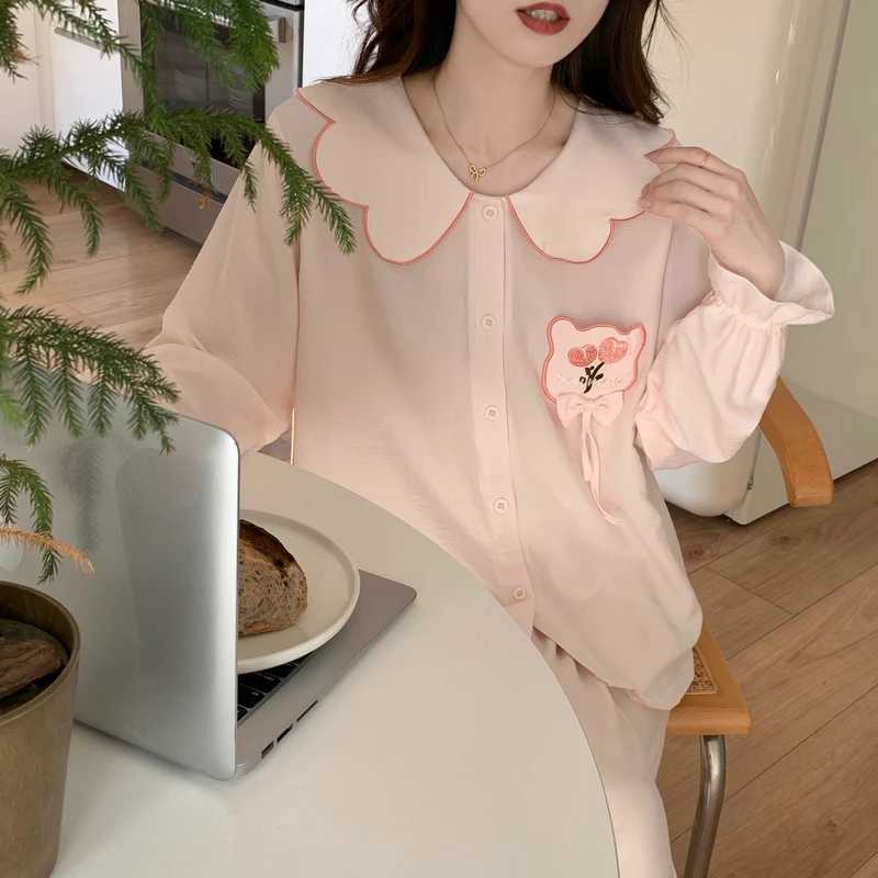 Spring & Autumn New Women\'s Pajamas Crepe Cotton Cute Embroidery Women Home Clothes Soft Loose Doll Collar Pink Bow Sleepwear