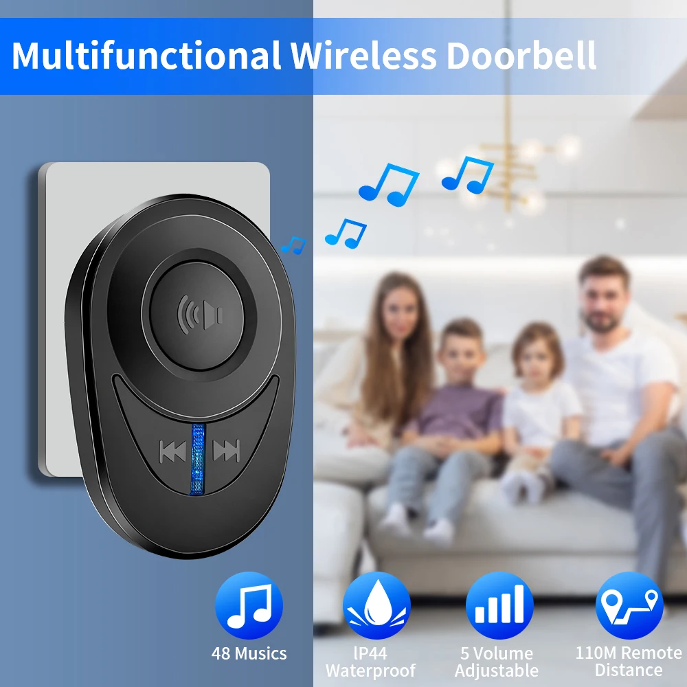 ONMYST Smart Home Wireless Doorbell IP44 Waterproof Doorbell Chime Kit 48 Chords LED Flash Security Alarm Door Bell