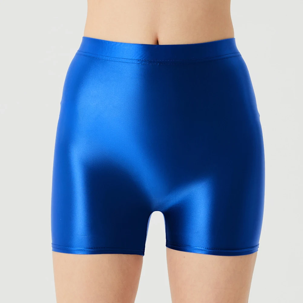 Women Oil Shiny Glossy High Waist Shorts Elasticity Breathability Quick Drying Gym Running Workout Yoga Solid Color Shorts