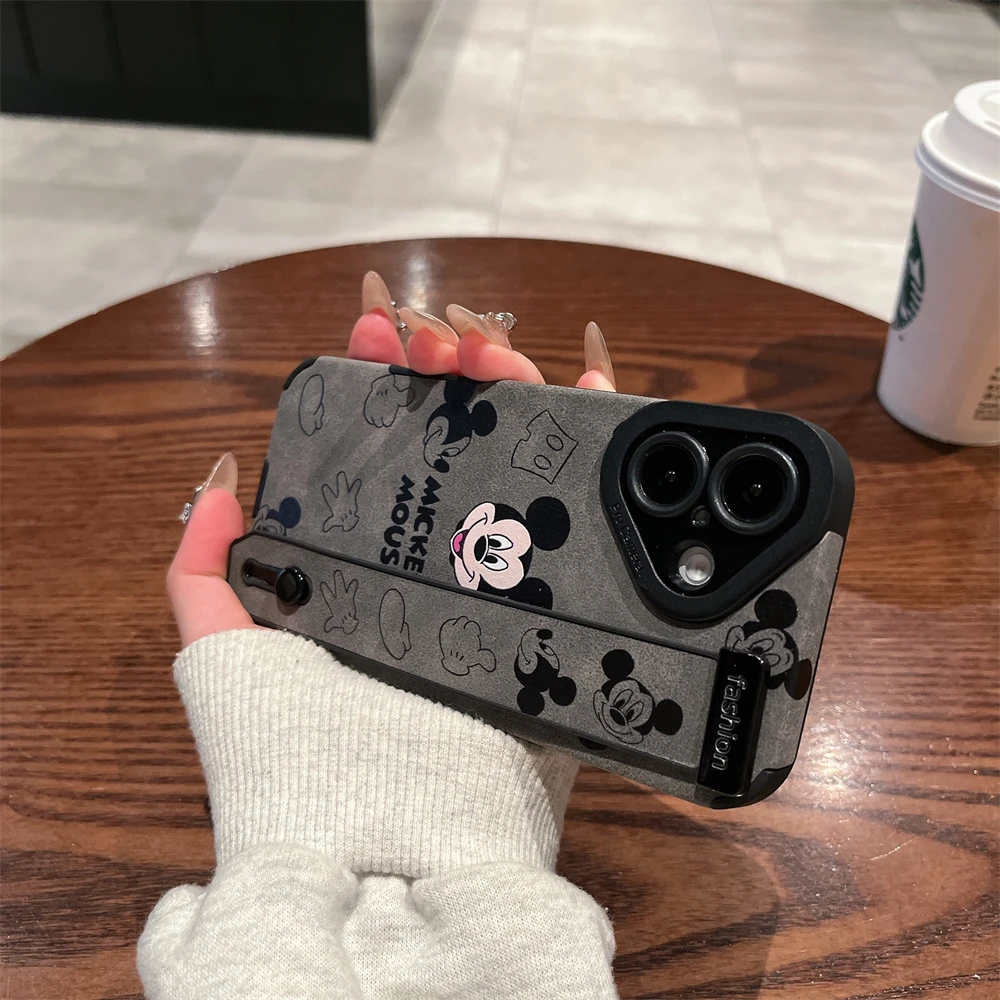 Funda de cuero con soporte para correa de muñeca de Mickey Minnie Mouse de Disney para iPhone 16 Pro Max 15 14 Plus 13 12 11 Pro XS Max XR