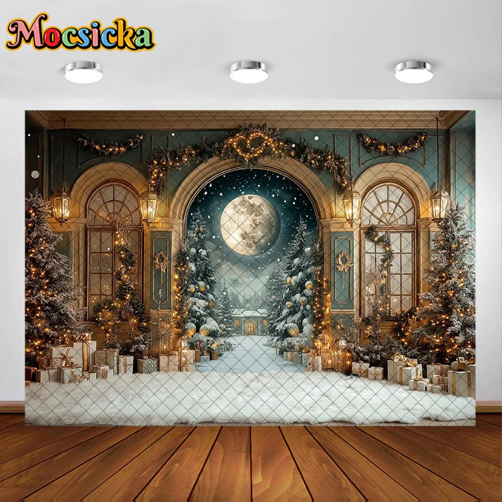 Mocsicka خلفيات للتصوير الفوتوغرافي شجرة عيد الميلاد نافذة القمر ديكورا الأسرة عيد الميلاد عطلة صورة خلفيات الصور للصور