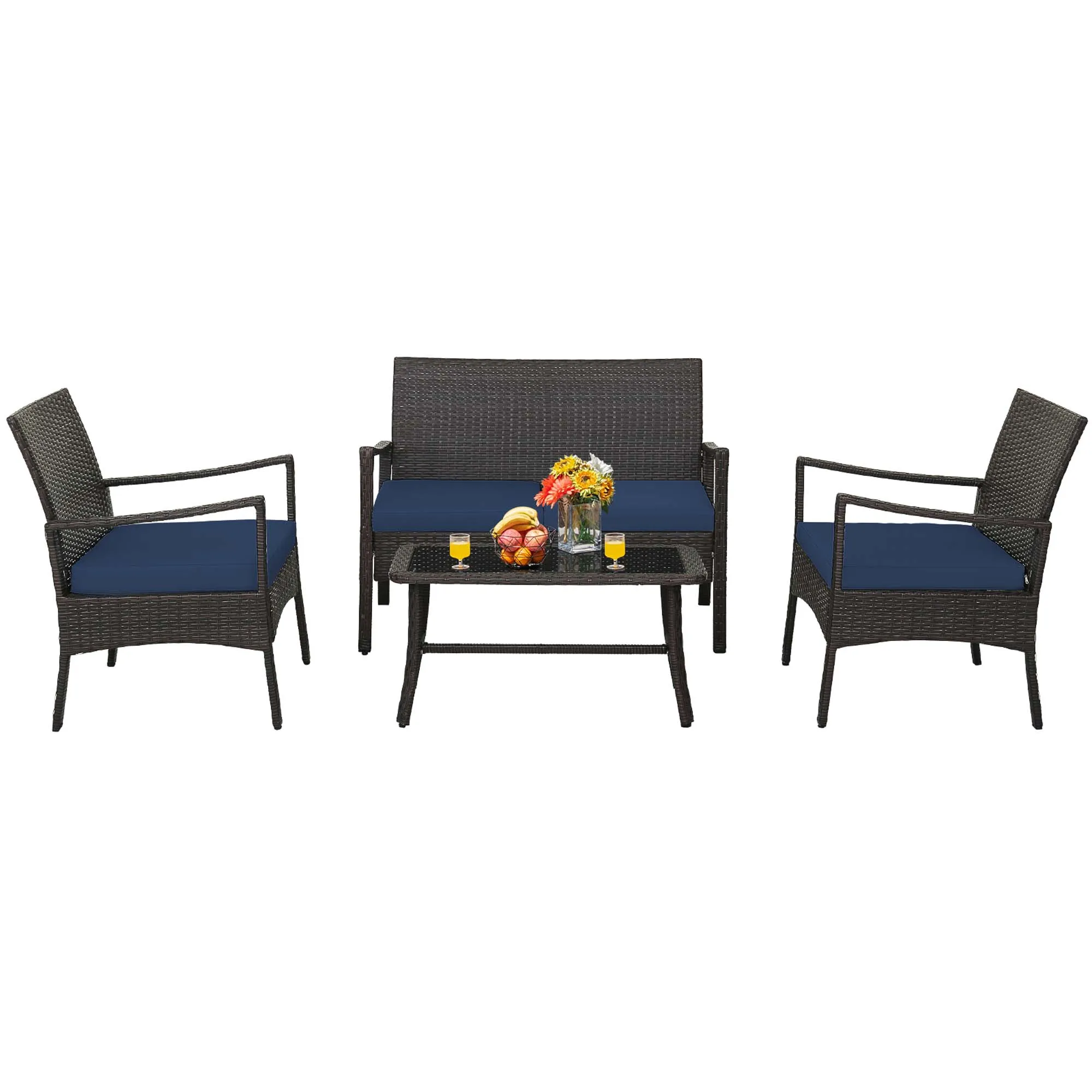 

4PCS Patio Rattan Wicker Furniture Set Cushioned Sofa Armrest Coffee Table Navy