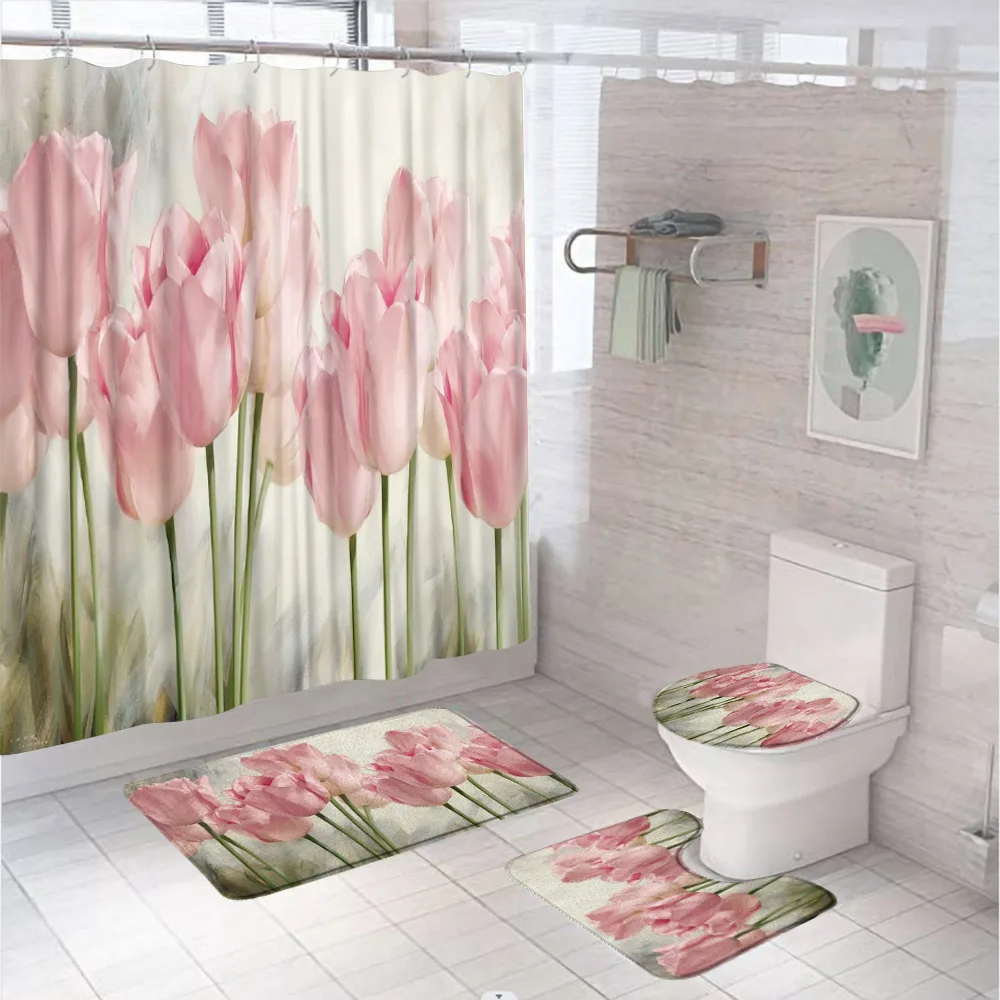 Watercolor Tulip Floral Shower Curtain Sets Non-Slip Carpet Rug Toilet Cover Bath Mat Pink Flowers Art Fabric Bathroom Curtains