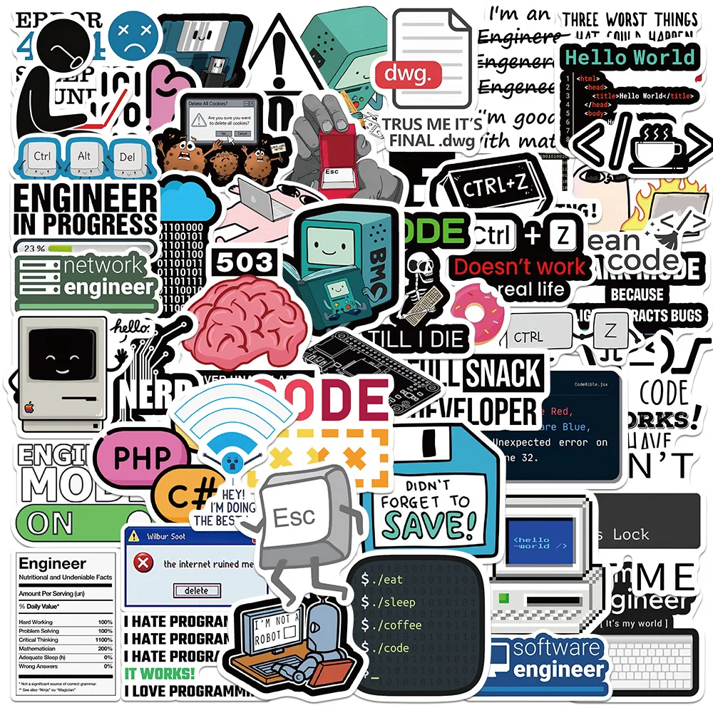 50pcs Programming Stickers Internet Js Funny Decals DIY Notebook Laptop Suitcase Phone Car Waterproof Sticker For Kids Toy