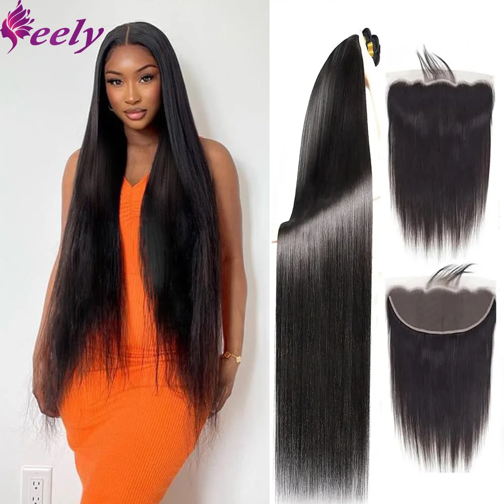 Straight Human Hair Bundles With Closure Natural Black Color #1B 100% Human Hair Bundles with 13x4 Lace Frontal Weave Extensions