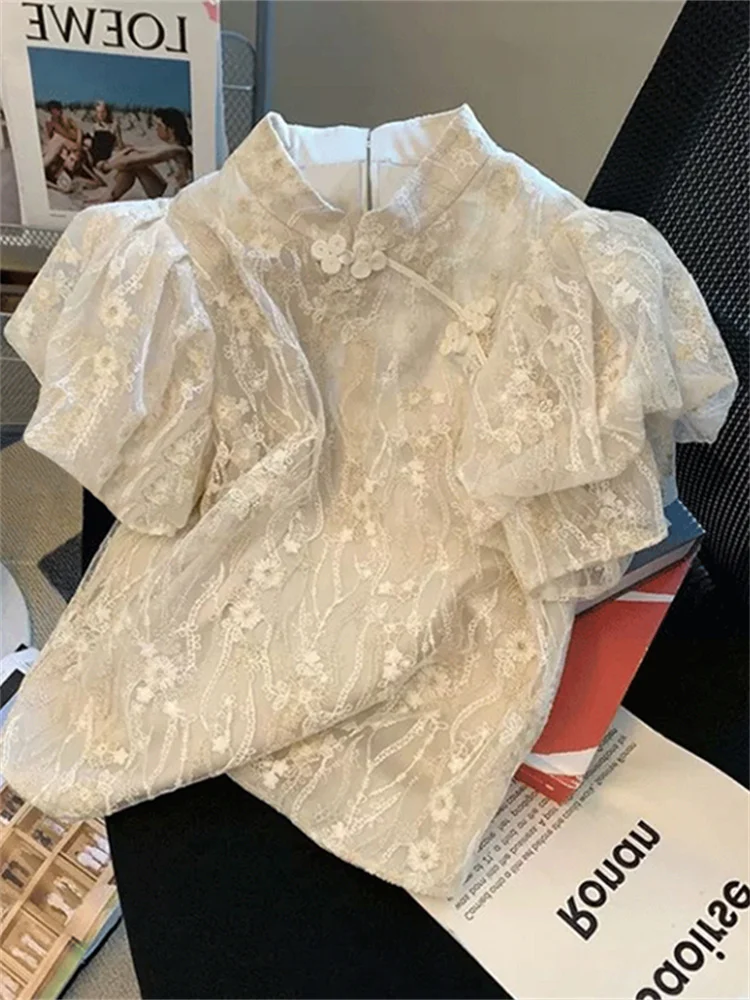 

Chic Short Shirt Style Bubble Sleeve Lace Button Stand Collar Design Summer Sensation Top Women's Fashion Premium B...