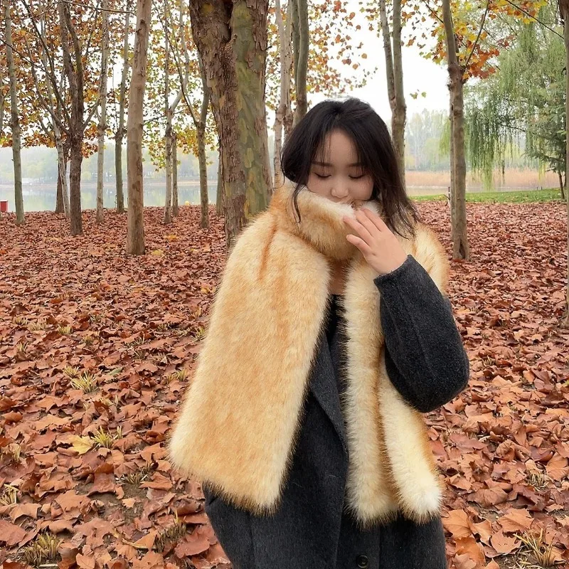 2025 New Winter Imitation Red Fox Fur Hairy Scarf for Women Retro Solid Color Atmosphere Fashionable Thick Warm Neck Commuter