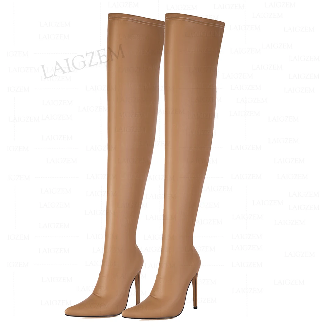 LAIGZEM stivali alti alla coscia da donna Stretch Pull On 12CM stivali con tacco alto sottile sopra il ginocchio scarpe da donna donna taglie forti