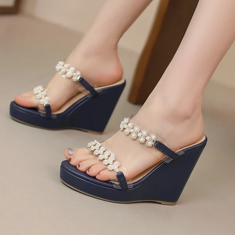 PVC Transparent Clear Open Toe Platform Wedges High Heels Mules With Pearls Yellow White Women Summer Sandals Slides Slippers