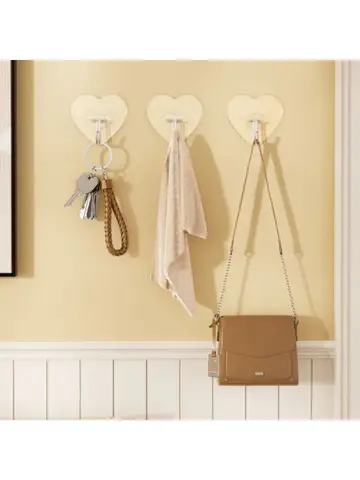 Heart Shape Transparent Hooks Non Punching Plastic Love Hangers Holder Self Adhesive Key Towel Multi-Purpose Hooks Storage Rack