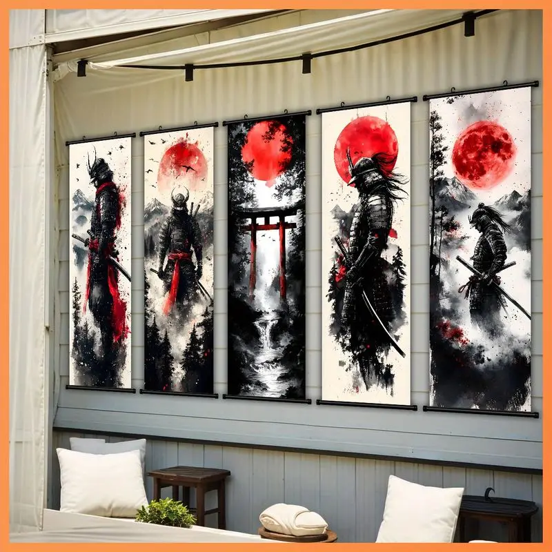 VIKAMA Samurai Armor Hanging Scroll Set Mountain Snow Peak Warrior Poster Vertical Wall Art for Living Bedroom Man Cave Decor