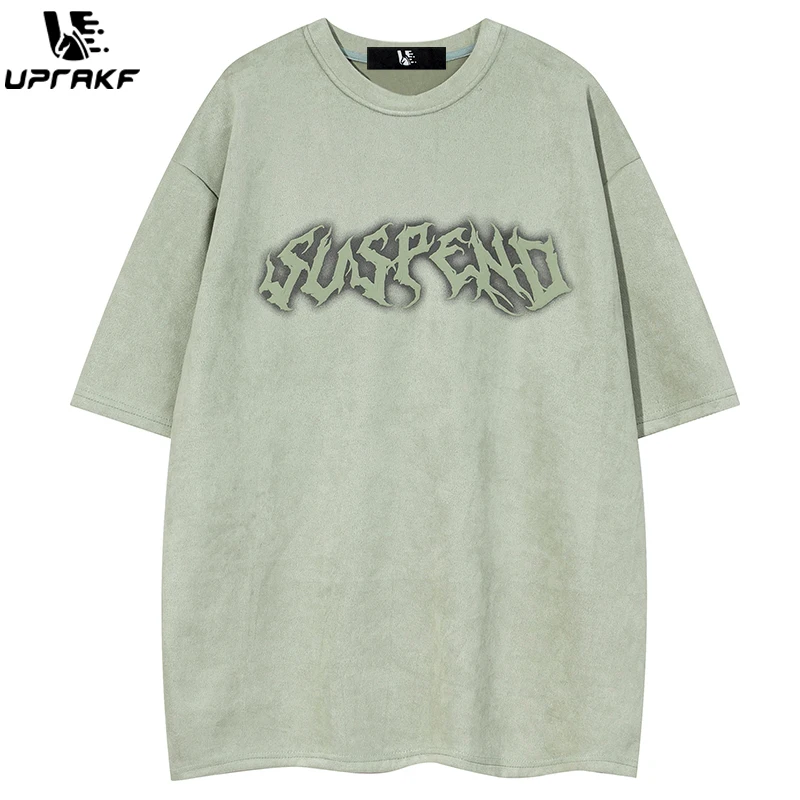 

UPRAKF Men Vintage T Shirt Streetwear Butterfly Graphic Harajuku Hip Hop Tops Green Black Tee Retro Relaxed Summer Suede Fashion