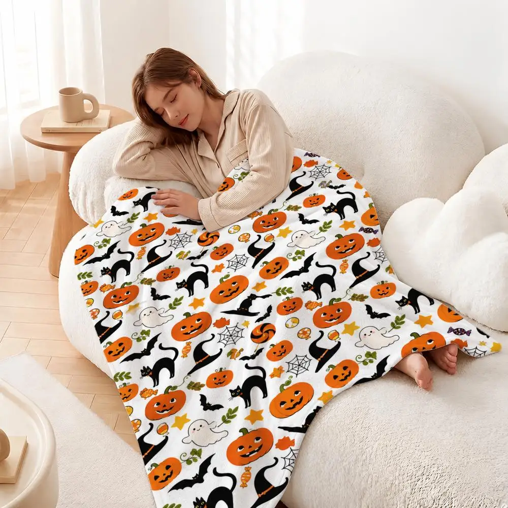 Halloween Pumpkin Cartoon Scatter   Throw Plush Flannel Throw Blanket, Sofa Bed Travel Picnic Home Textile Decor