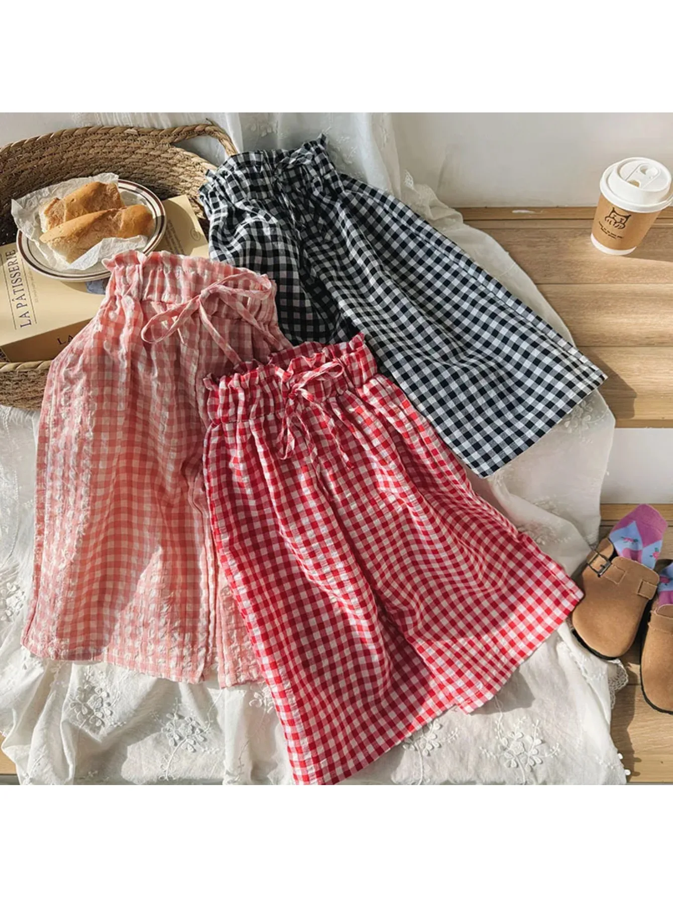 Summer Girls Mosquito Repellent Wide Leg Pants 2025 Fashionable New Casual Plaid Pants High Waist Loose Pants