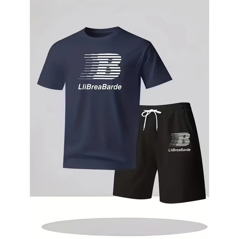 

Printed men's short-sleeve T-shirt + drawstring shorts 2-piece set, casual sporty style, suitable for spring, summer and autumn