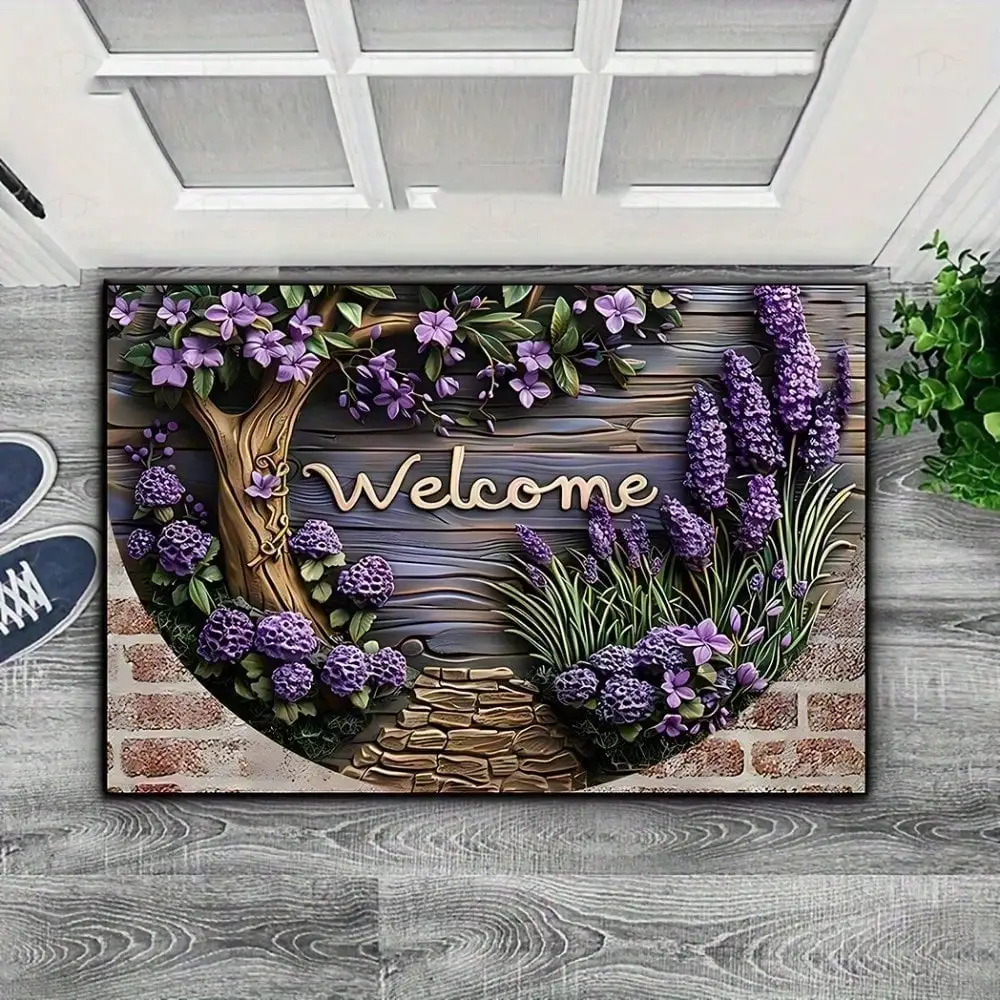 

1pc rubber floor mat welcome text grapevine pattern water-absorbent non-slip easy to clean entrance door bathroom home decor