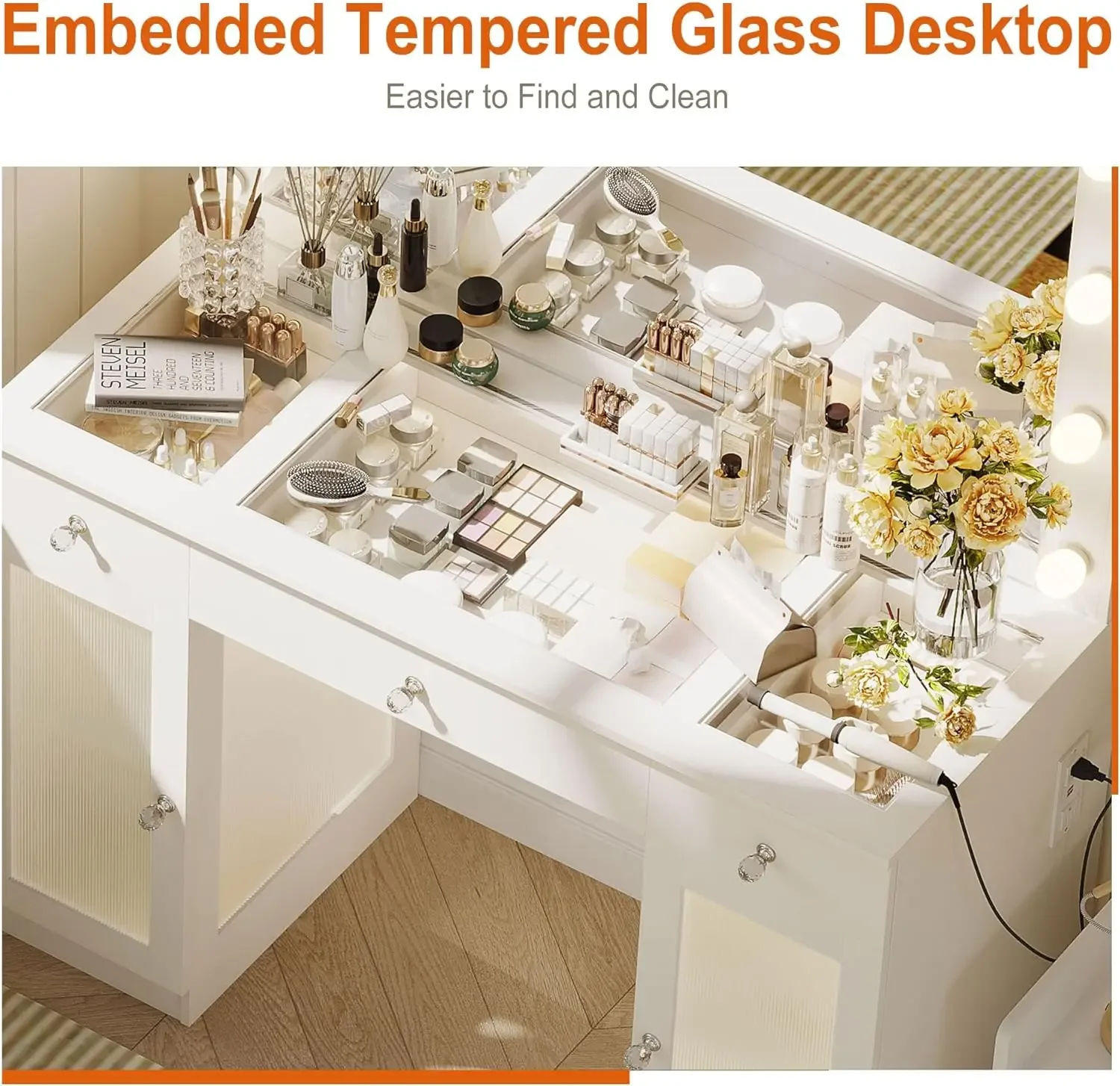 

-Vanity Desk With Mirror And Lights Glass Top Vanity With Lights & Power Outlet Makeup Vanity Desk With Lights Light White