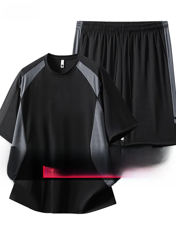 ensemble-de-sport-d'ete-pour-hommes-grande-taille-t-shirt-a-manches-courtes-en-maille-respirante-a-sechage-rapide-et-short-deux-pieces-legeres-et-respirantes
