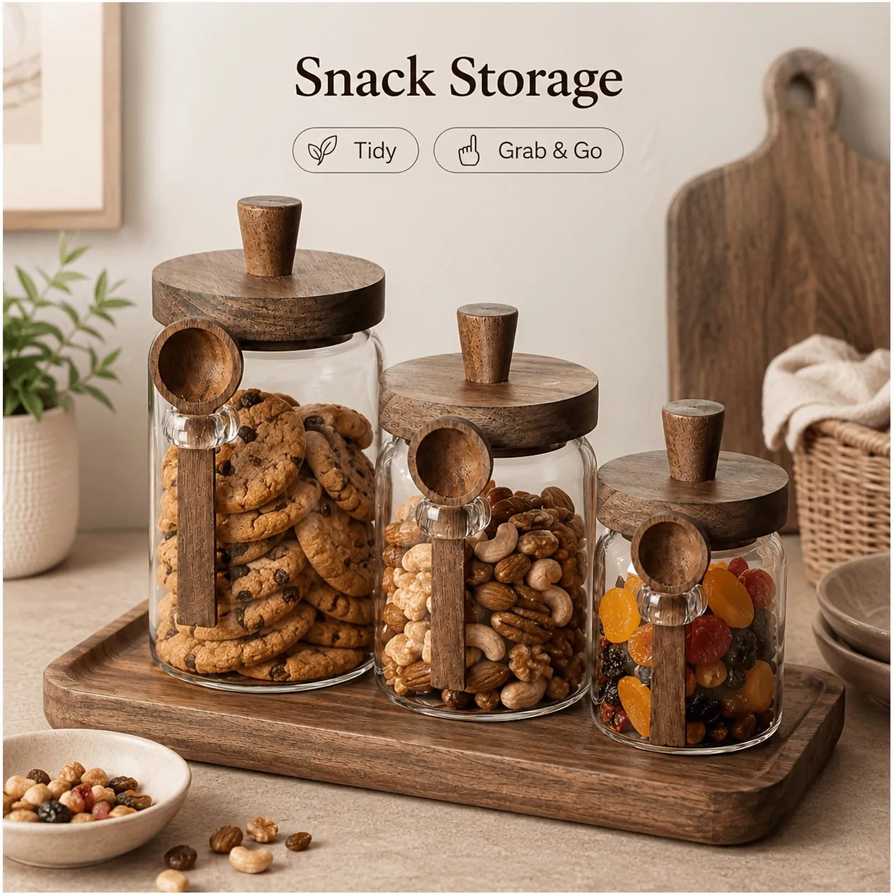 Airtight 3-Piece Glass Canister Set with Wooden Spoon – Leak-Resistant Storage Jars for Coffee, Sugar, Flour, Tea & Snacks | Round Pantry Organizers with Matte Dark Brown Lids | Kitchen Countertop Display Jars for Home Use