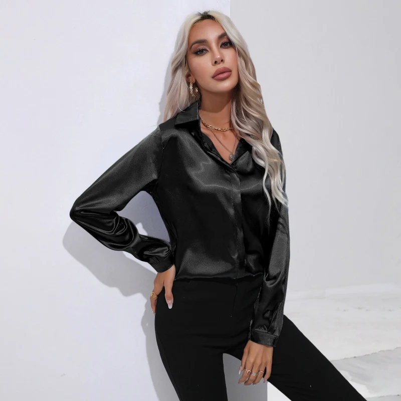 

Imitation Silk Shirts for Women, Long Sleeves, Casual Satin Shirts for Ladies, High-end, Summer, Commuting Silk Shirts for Girls