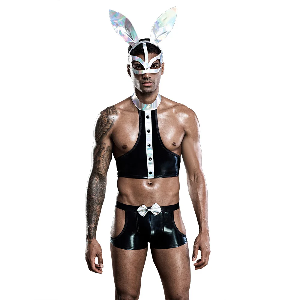 Male Sexy Cosplay Bunny Boy PU Lingerie Costumes Man Night Club Role Play Waiter Uniform Erotic Hormone Rabbit Outfit