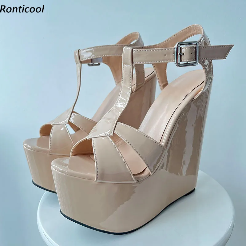 

Ronticool/женские босоножки с ремешком на щиколотке, лакированные туфли на танкетке, высокие каблуки с круглым носком, красивые бежевые туфли для вечеринок, женские американские большие размеры 5-15