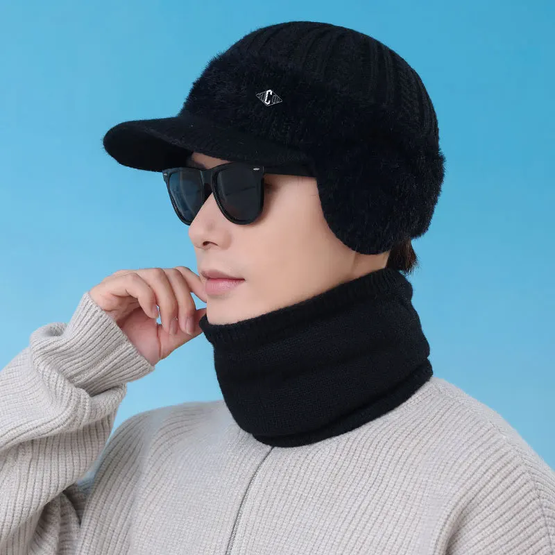 مجموعة قبعة ووشاح محبوكة للرجال - شتوية مبطنة بالمخمل ومقاومة للبرد للرياضات الخارجية وركوب الدراجات والمشي لمسافات طويلة وإكسسوارات ترفيهية مقاومة للرياح