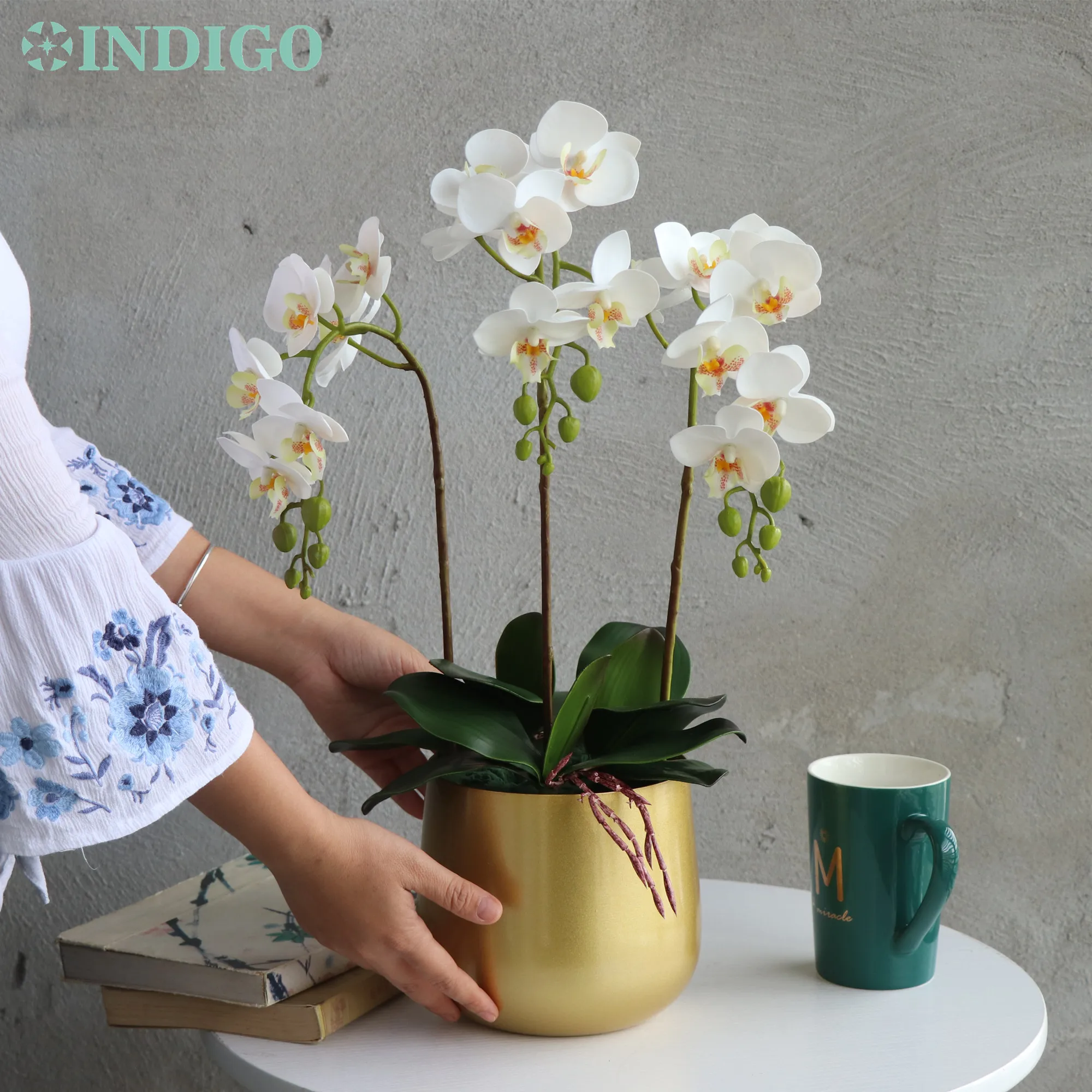 

INDIGO-White Orchid Flower Arrangment, Real Touch, DIY Home Party, Christmas Decoration, 3Pcs Orchid + 3Leaf + Moss + Pot