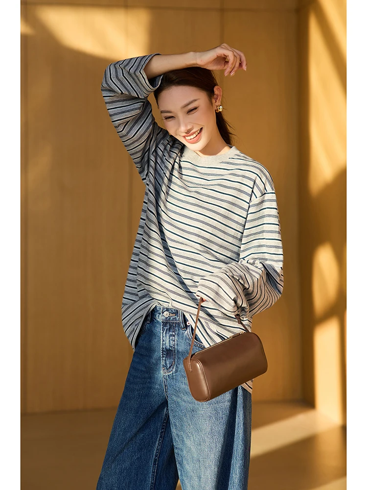 

Faionable Long Sve T-irt Comfortable Long Velvet Cotton Striped Loose Fit Casual Sle Women's Knittedwear round Ne
