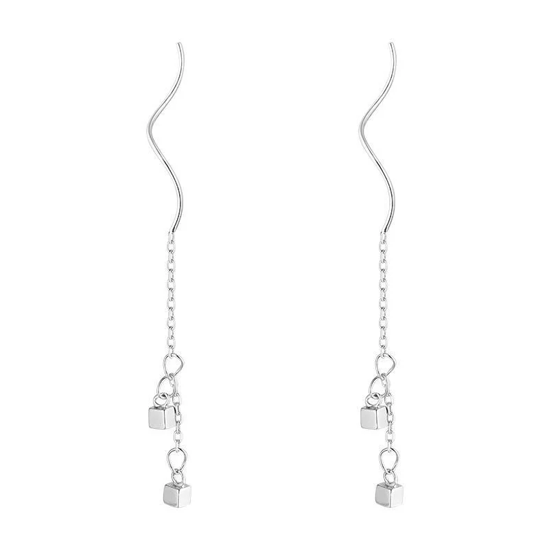 

S925 Sterling Silver Small Square Earrings Wave Tassel Earrings Women
