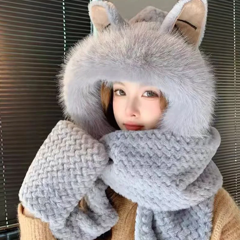 Cute Fox Ears Hat Scarf All-in-one Hat For Women Winter Plush Thickened Warm Ear Protection Scarf Two-piece Set