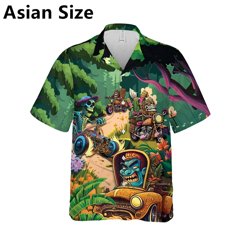 Fashion Tiki Graphic Hawaiian Shirts For Men Summer Vintage Lapel Button 3D Printed Short Sleeve Shirts Loose Streetwear Blouse