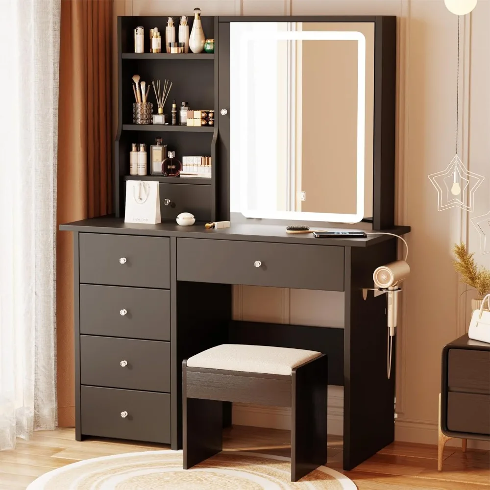 

Vanity Desk with Mirror and LED Lights, Makeup Vanity Set with Power Outlet, and Stool, Jewelry Storage