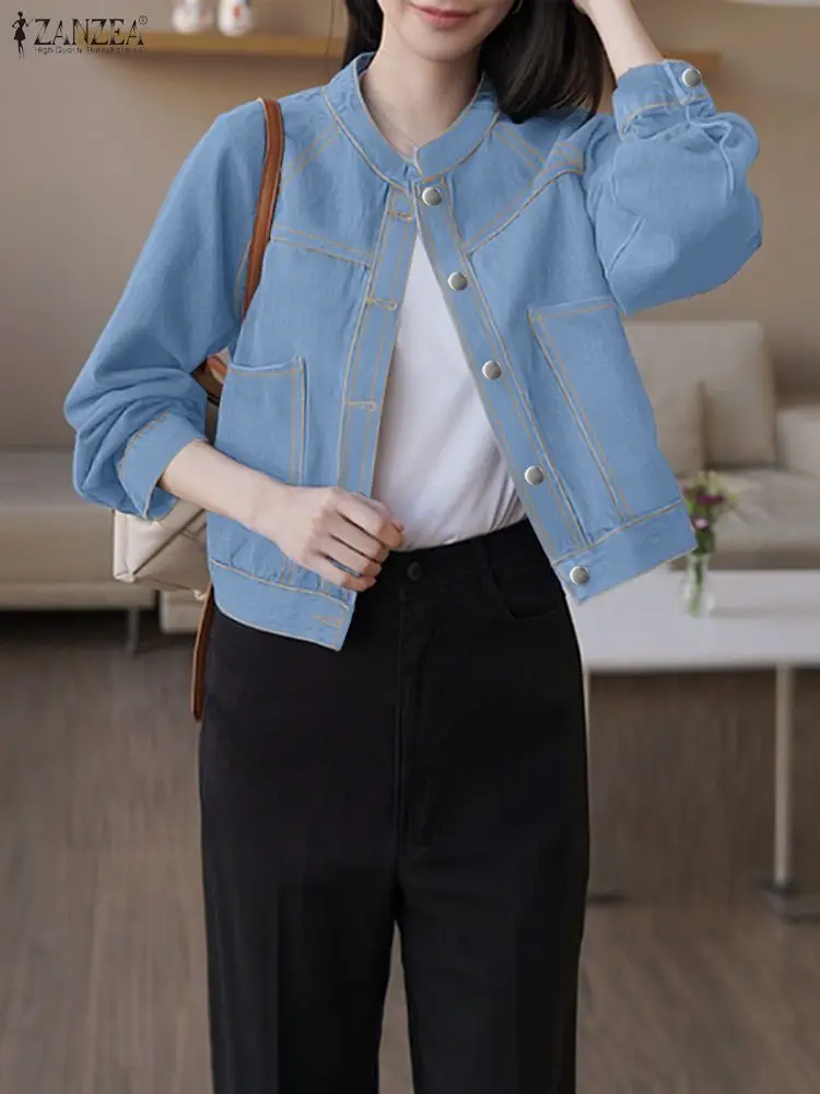 

ZANZEA Fall 2025 Denim-Like Lightweight Women Jackets Casual Stand Collar Raglan Long Sleeve Button Up Contrast-Stitch Outerwear