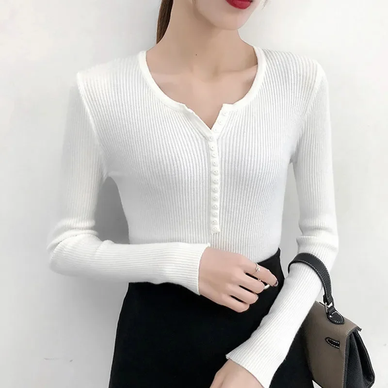 

Women Sweaters Cute Button Up O-Neck Long Sleeve Pullovers Autumn Knitted Bottoming Shirts Korean Single Breasted Undercoat Tops