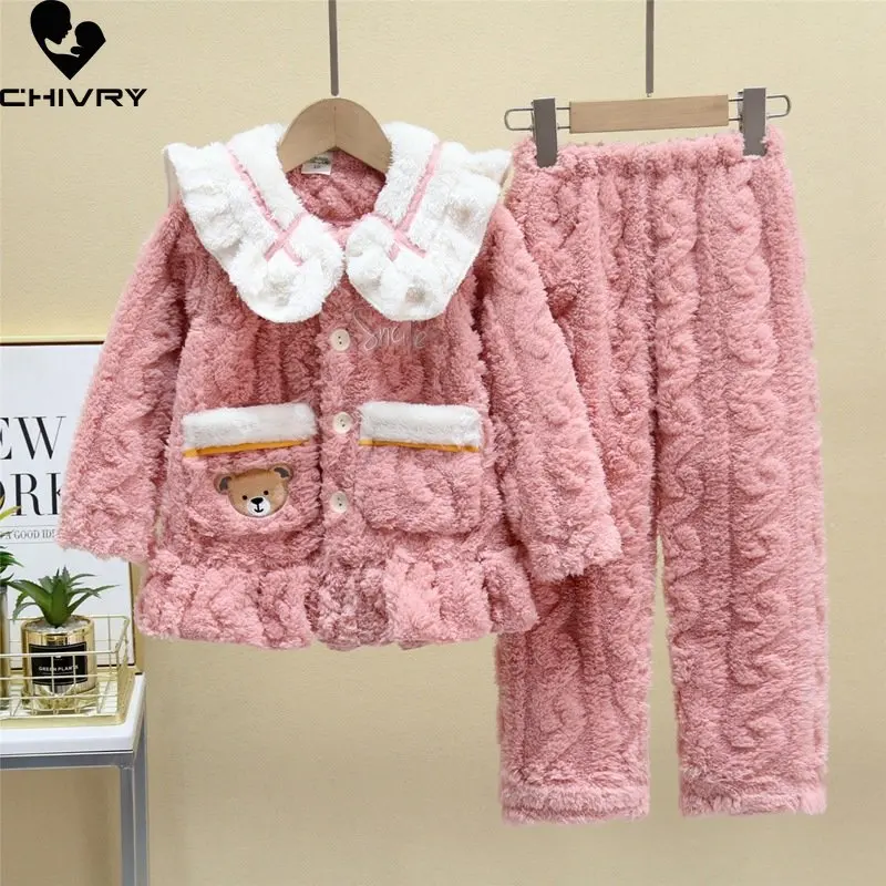 

New Kids Winter Thicken Warm Flannel Pajamas Baby Girls Cute Bear Lapel Tops with Pants Pyjamas Princess Sleepwear Clothing Sets