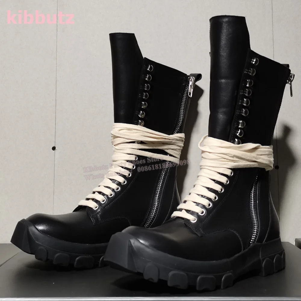 

Wrap Around Tape Boots Mid Calf Genuine Leather Round Toe Height Increasing Side Zipper Solid Black Fashion Novelty Concise Men