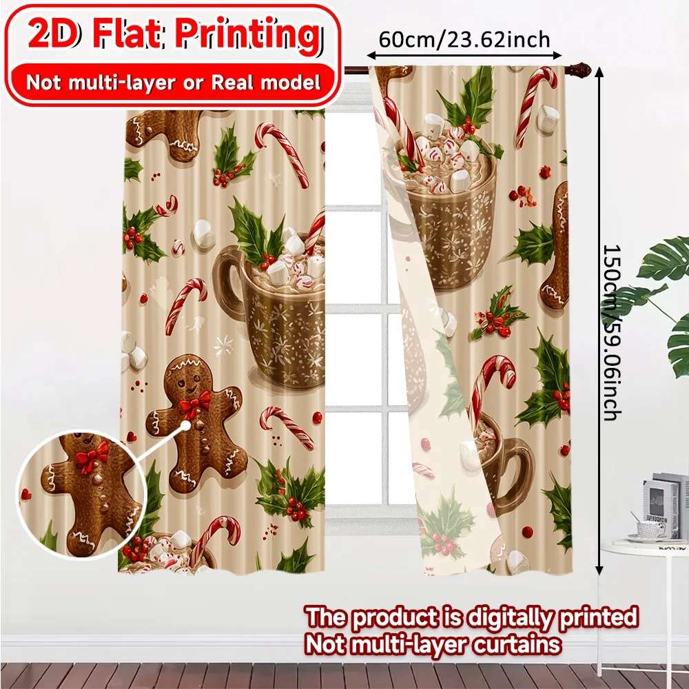 2D Flat Printing,2pcs Gingerbread Joy Popular Creative Curtains Polyester Easy Install Curtains Gifts Use for Bedroom, Living